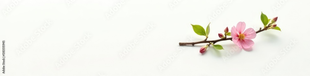 Obraz premium Single stem with leaves and flowers against a plain white background, branch, leaves, foliage