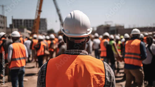 Construction Worker Safety Helmet Back View Many Workers on Site