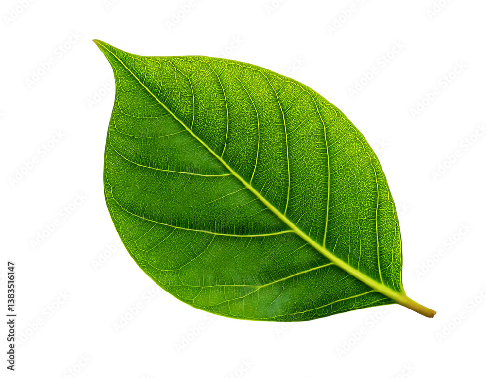 Obraz premium Vibrant green leaf isolated on white. Detailed vein structure showcases natures intricate design. Perfect for ecofriendly, natural, and botanical themes.
