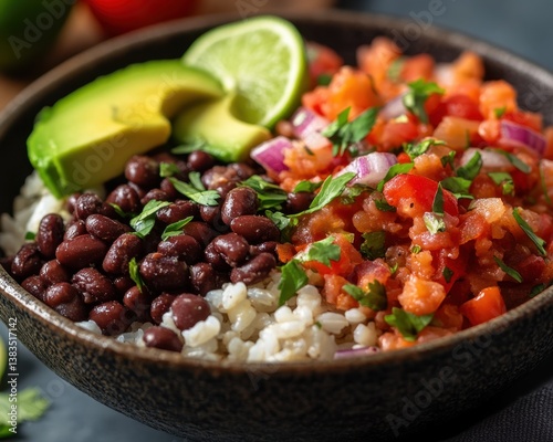 A vibrant bowl of rice topped with beans, salsa, avocado, and lime. Healthy and colorful.