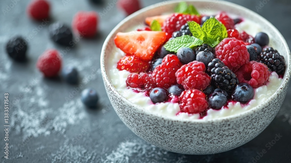 Delicious yogurt bowl topped with fresh berries and mint leaves. Delicious yogurt bowl topped with fresh berries and mint leaves.