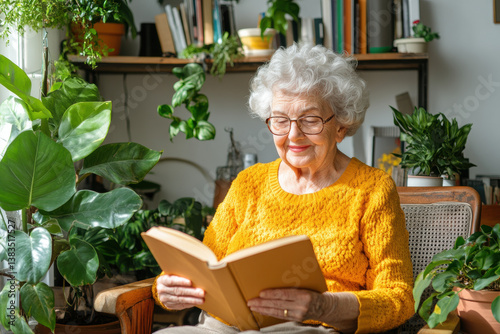 Elderly woman reading a book surrounded by lush indoor plants in a cozy living space.