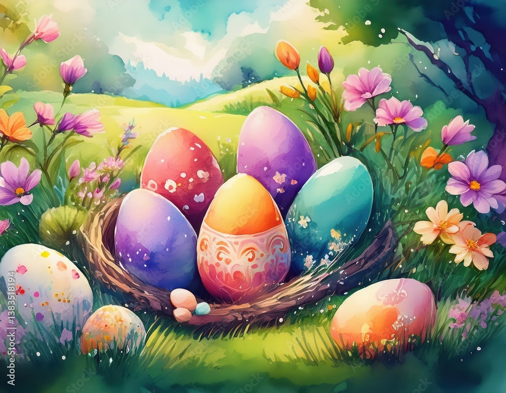 Fototapeta premium Colorful easter eggs rest in a delicate nest surrounded by lush flowers in full bloom.