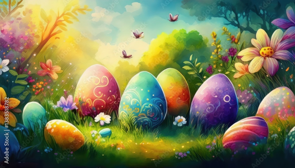 Fototapeta premium Delightful easter eggs rest peacefully among blooming flowers and greenery under a sunny sky