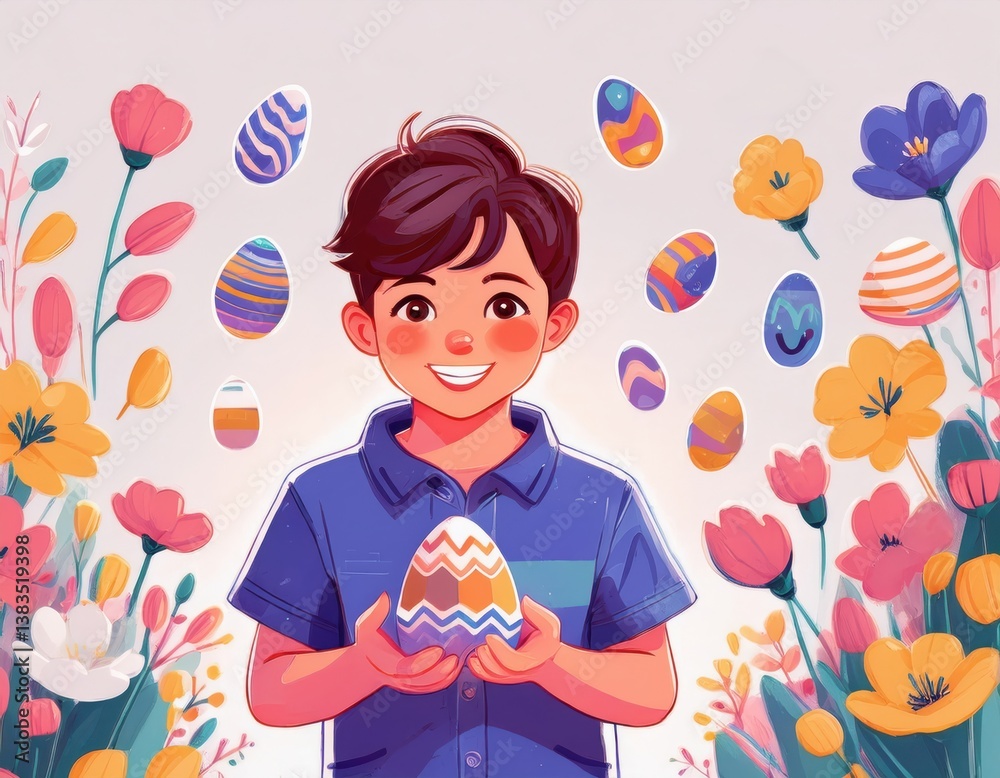 Naklejka premium A joyful boy enjoys Easter amid blooming flowers and colorful decorated eggs.