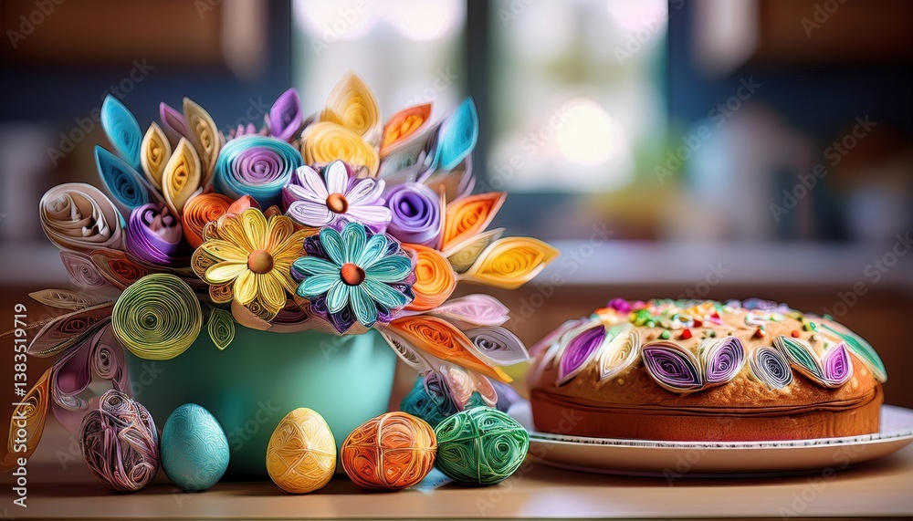 Fototapeta premium A vibrant display of paper flowers and decorated eggs showcases joy during easter festivities.