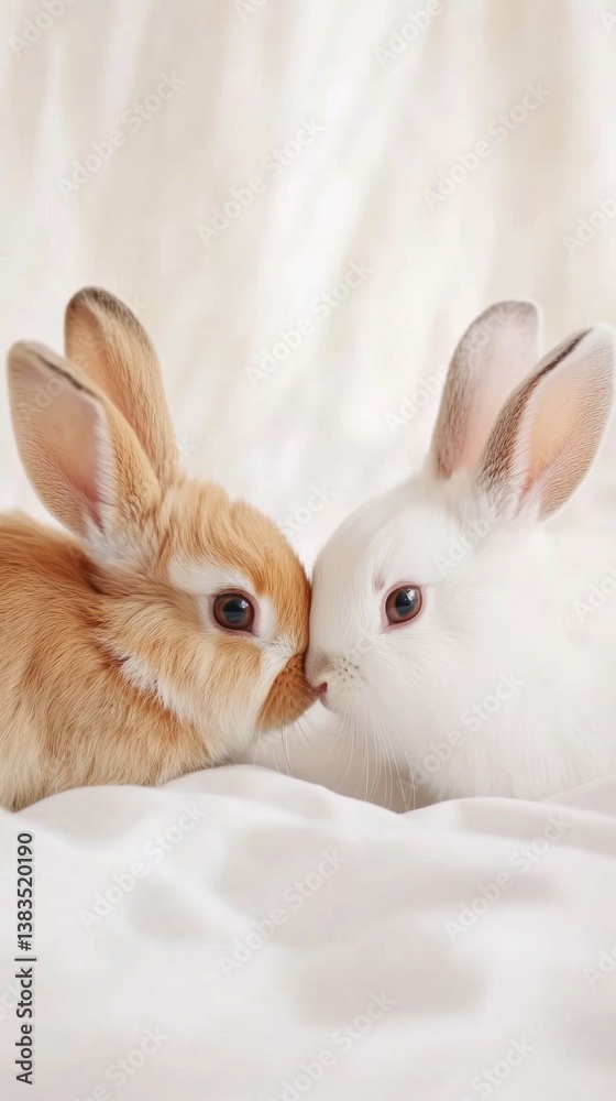 Obraz premium Adorable brown and white bunnies snuggling on soft white fabric