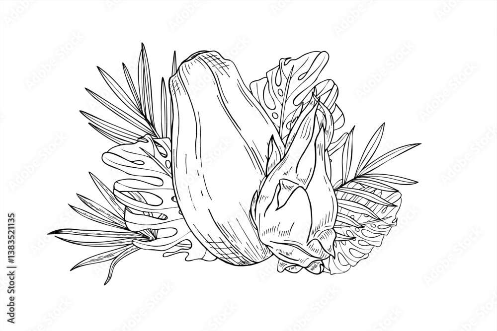Fototapeta premium Vector tropical papaya, pitahaya among leaves hand drawn isolated illustration painted by black inks. Sweet whole fruits, monstera, palm leaf graphic sketch illustration. Summer exotic plants