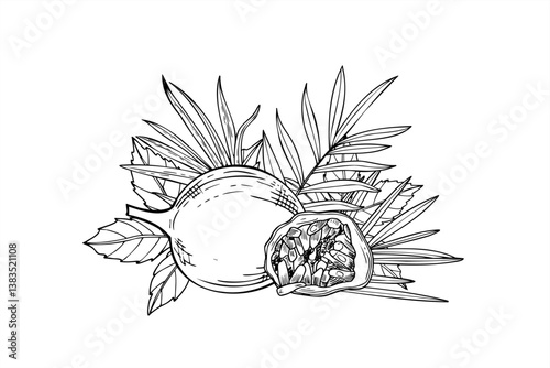 Vector tropical maracuja fruit with palm leaves hand drawn illustration painted by black inks. Whole and half passion with pulp Passiflora plant engraving drawing for menu or dessert package design