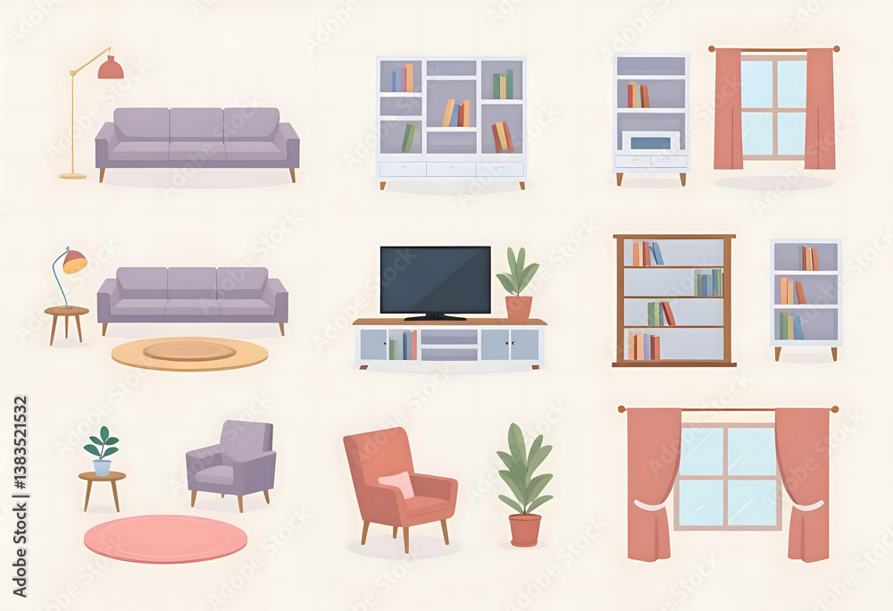 Interior Design Elements Set: A collection of illustrated furniture, decorative elements, and decor items ideal for interior design and decoration projects Interior Design Elements Set: A collection of illustrated furniture, decorative elements, and decor items ideal for interior design and decoration projects