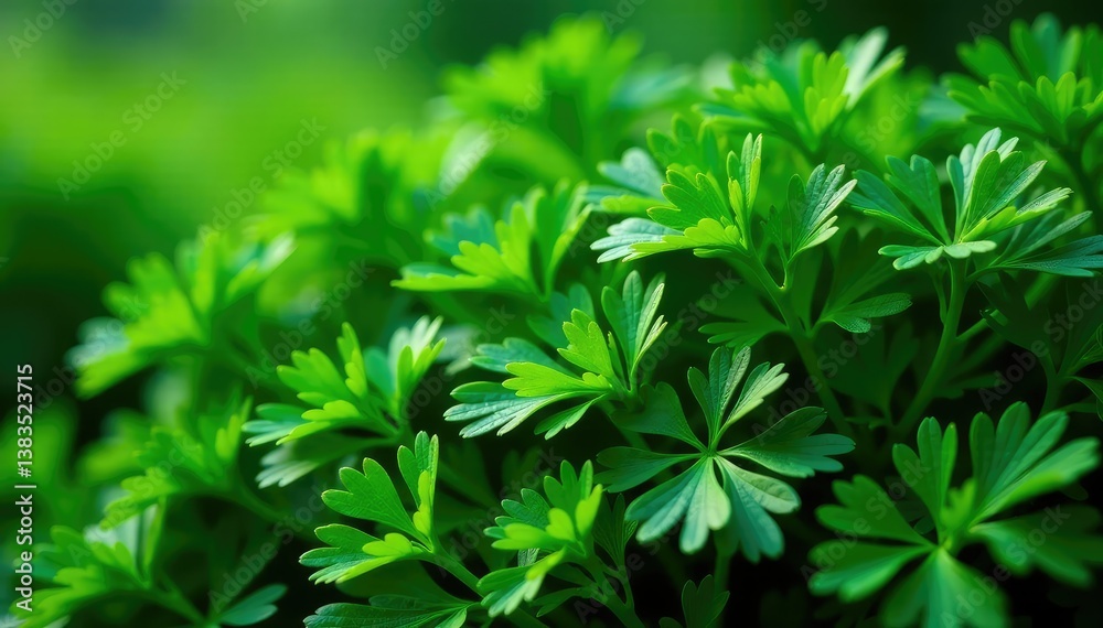 Intricate parsley sprig arrangement, vibrant green hues, foliage, parsley