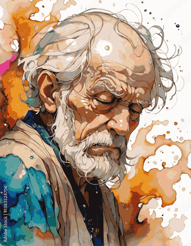 dibujo a tinta con 25 colores de un hombre mayor triste 