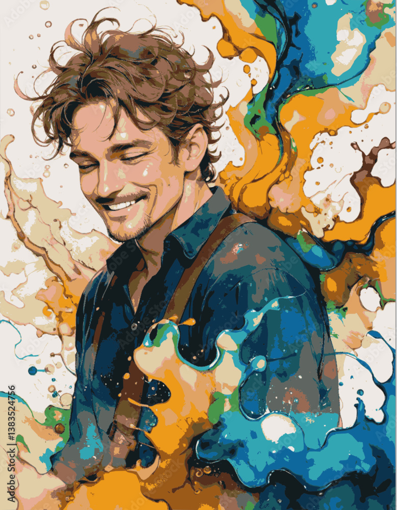 dibujo a tinta con 16 colores de hombre joven feliz con una amplia sonrisa