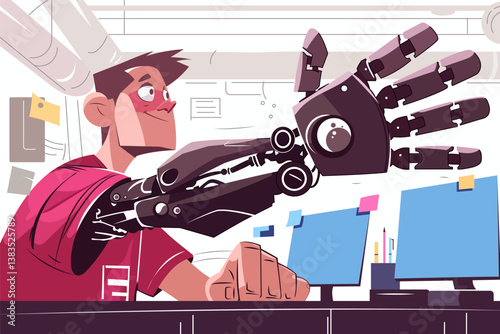 A young tech enthusiast works at a desk with a futuristic robotic arm. The vibrant vector illustration conveys innovation and creativity in a modern workspace, perfect for technology-themed projects.