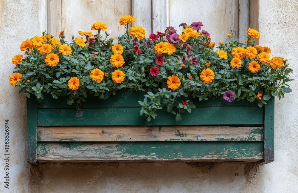Fototapeta premium Colorful Marigold and Petunia Flowers in Wooden Window Box