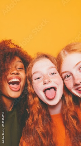 Joyful caucasian and african teen girls smiling together against bright orange background