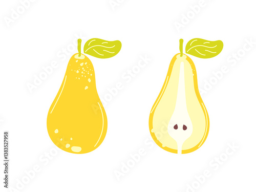 Set of whole and half pear isolated on white background. Modern abstract hand drawn pear fruit. Flat cartoon vector illustration. Pear icon