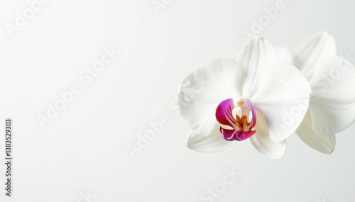Delicate white orchid blossom against pure white background , natural beauty, botanical