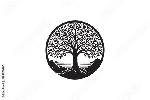 Sycamore tree vector silhouette black and white image adobe illustrator. eps