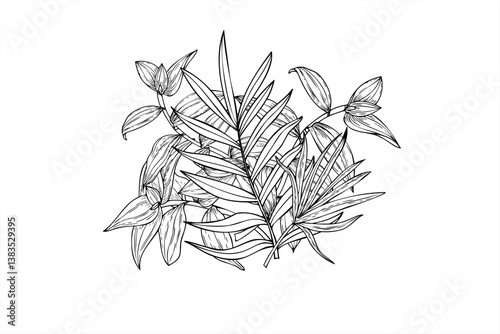Vector tropical areca palm and tradescantia leaves bouquet line art black ink. Monochrome foliage hand drawn isolated illustration in linear style. Floral composition greeting card, invitation