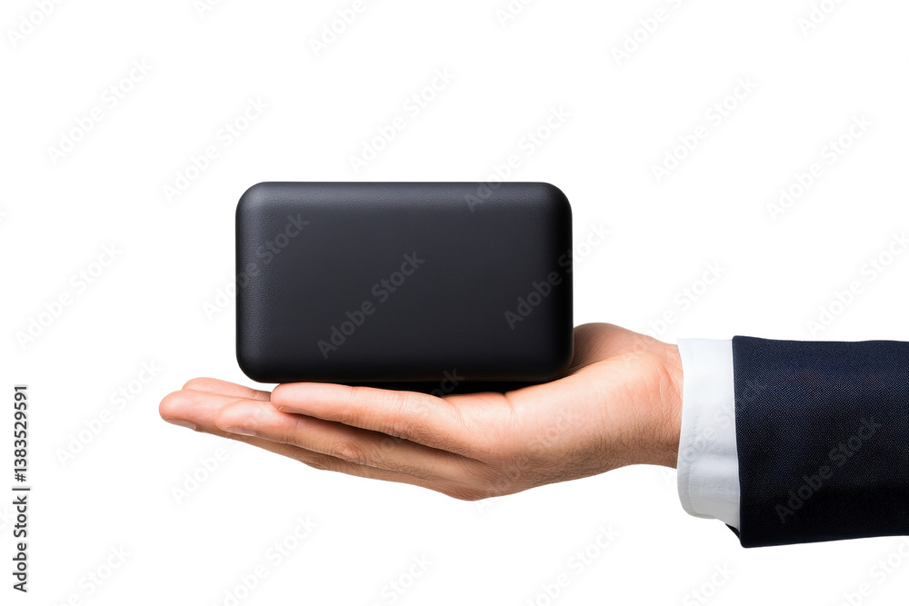 Businessman s hand holding a sleek minimalist technology or electronic gadget box showcasing a new product or innovation for a corporate or professional workspace setting Businessman s hand holding a sleek minimalist technology or electronic gadget box showcasing a new product or innovation for a corporate or professional workspace setting
