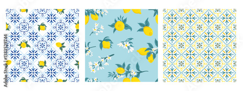 Lemon on azulejos ceramic tile seamless pattern collection. Mediterranean Portuguese texture