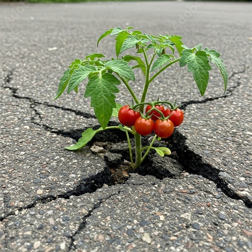tomato plant growing out from cracked road
