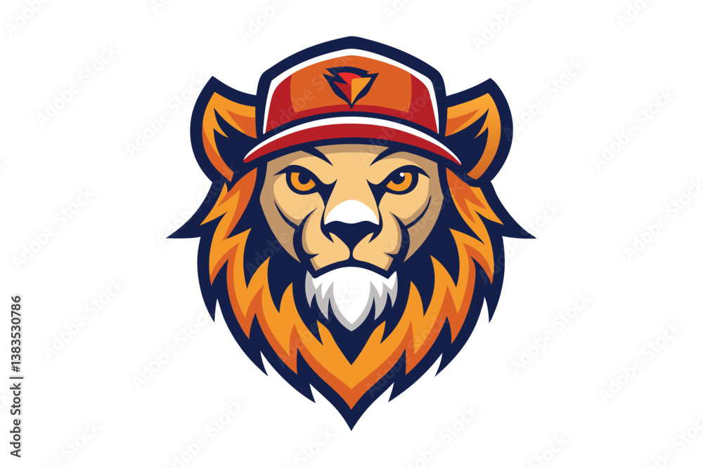 Modern Lion Head Mascot Wearing a Cap with White Background & Intense Gaze Modern Lion Head Mascot Wearing a Cap with White Background & Intense Gaze