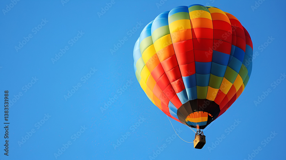 Naklejka premium Vibrant hot air balloon soars gracefully against a clear blue sky