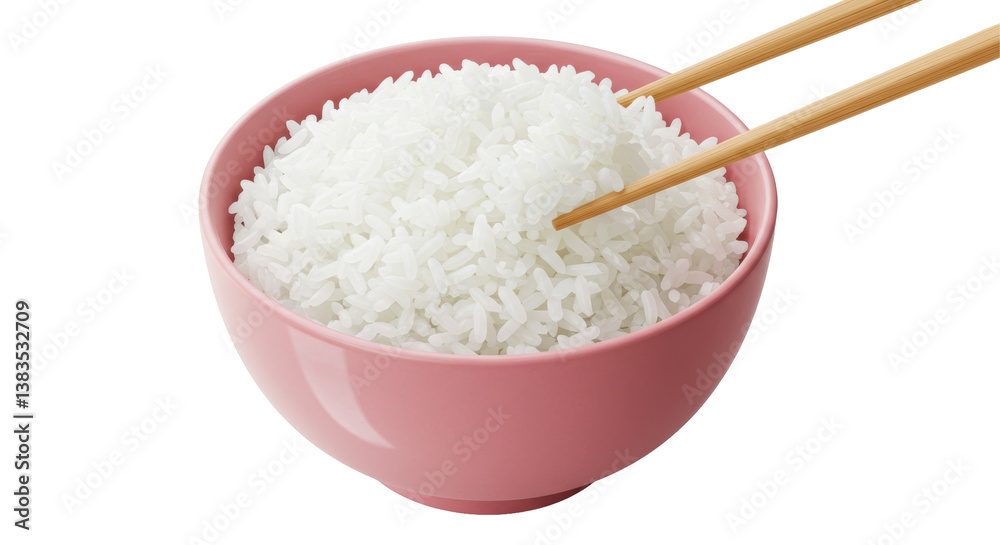 Isolated Pink Bowl of Cooked Rice with Chopsticks Isolated Pink Bowl of Cooked Rice with Chopsticks