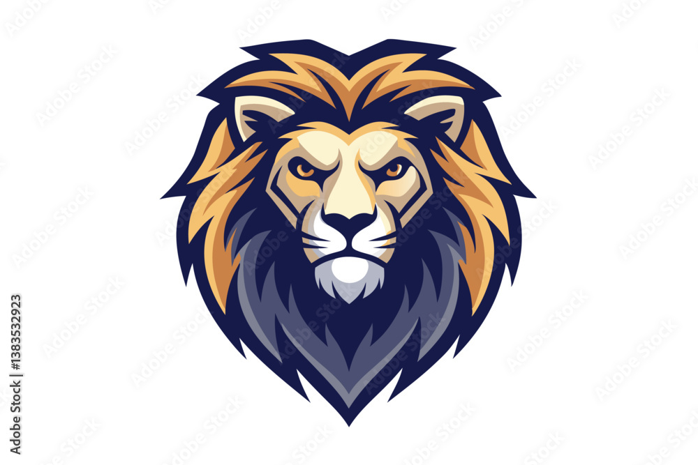 Fototapeta premium Fierce Lion Head Mascot with Golden Mane and Determined Expression on White