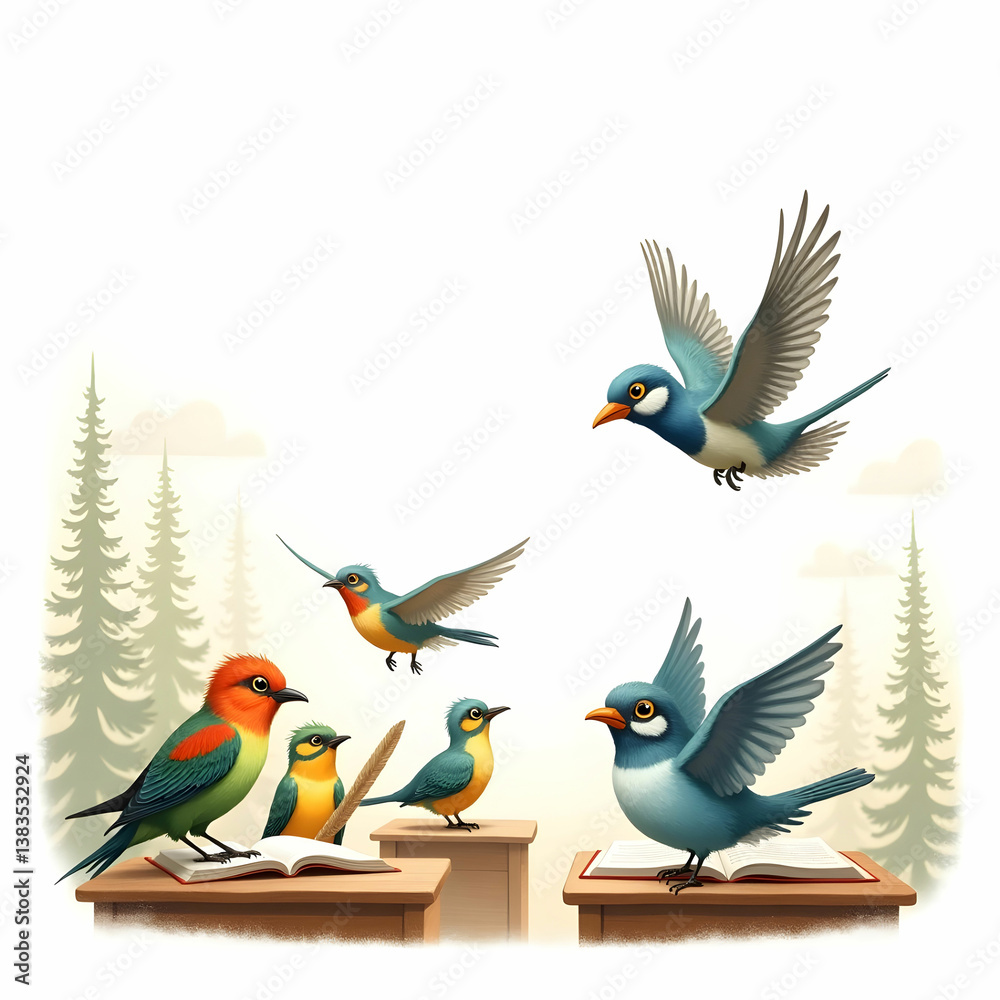 Obraz premium A dynamic illustration featuring birds in flight and at rest.