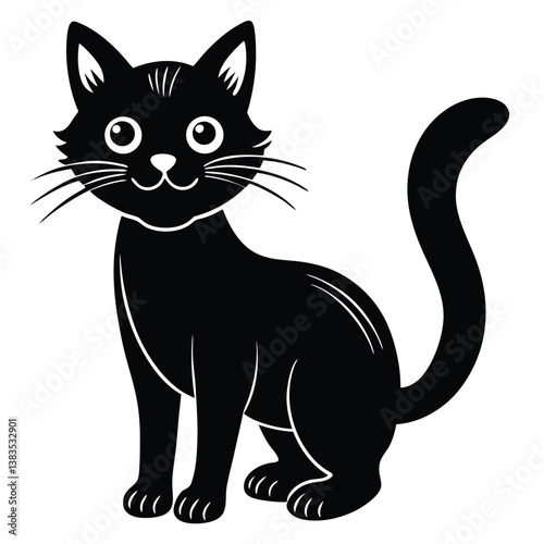 Cartoon black and white cat silhouette sitting with cute eyes and tail