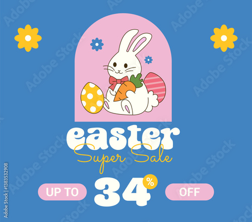 Happy Easter sale 34% off. Thirty four Percent OFF Super Sale. Happy Easter Vector with Bunny.