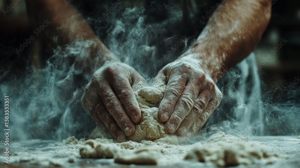 Fototapeta premium Baker kneads dough in flour-dusted kitchen with flour flying in the air during the early morning hours