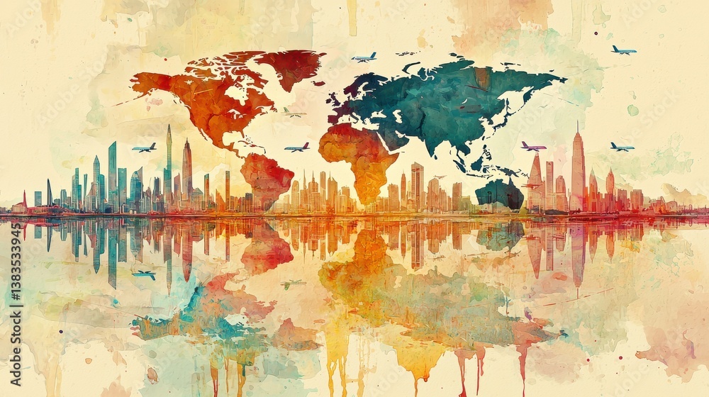 Fototapeta premium Ink-splashed world map discovering iconic landmarks through art