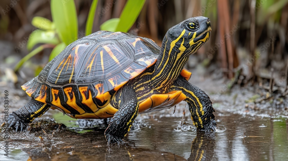 Obraz premium Colorful turtle walking in shallow wetland, plants in background