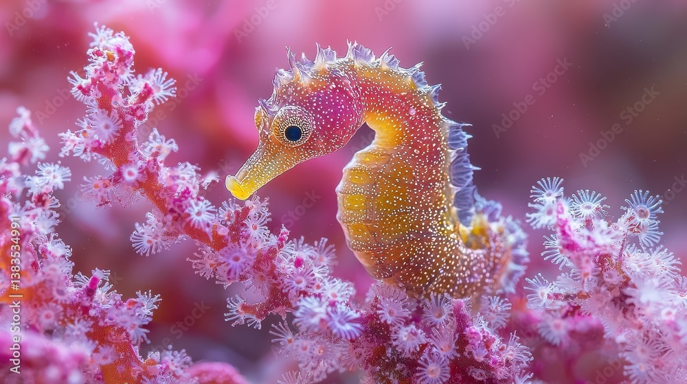 Obraz premium A seahorse, a miniature marvel of nature, camouflages itself amidst the vibrant coral branches, its iridescent scales blending seamlessly with the intricate patterns, a testament to the beauty 