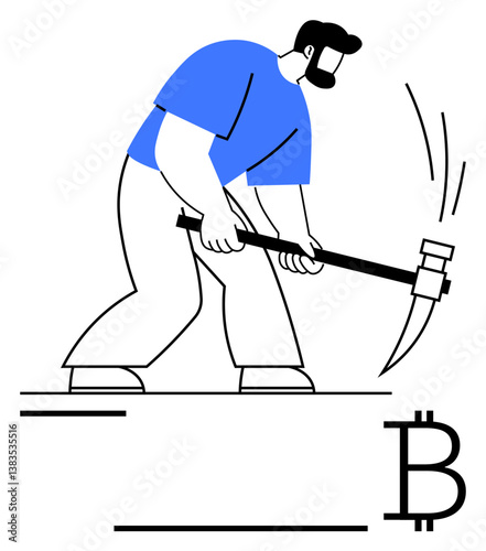 Man striking ground with pickaxe near Bitcoin logo, symbolizing cryptocurrency mining. Ideal for technology, finance, investment, blockchain, cryptocurrency, digital economy innovation. Flat simple