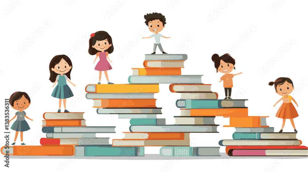 Happy children standing on stacks of colorful books, representing education and learning Happy children standing on stacks of colorful books, representing education and learning