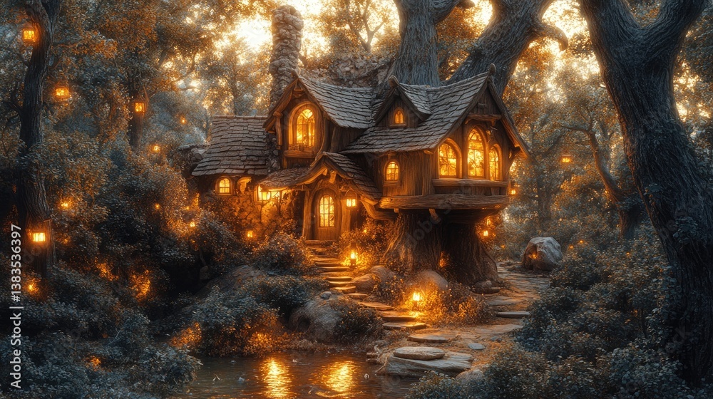 Fototapeta premium A whimsical treehouse nestled among dense foliage, illuminated by glowing lanterns at dusk in an enchanted forest setting.