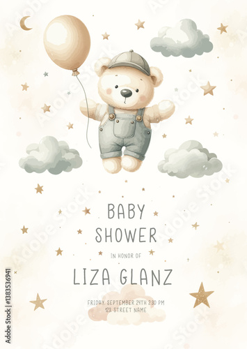 Cute baby shower watercolor invitation card for new born celebration. With plush teddy bear with balloon around clouds and stars.