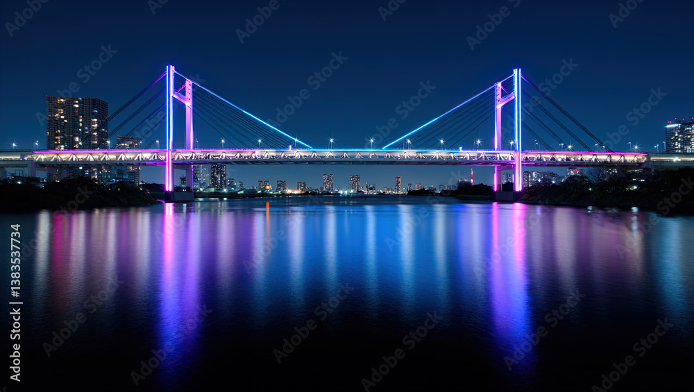 bridge in neon light in big night city bridge in neon light in big night city