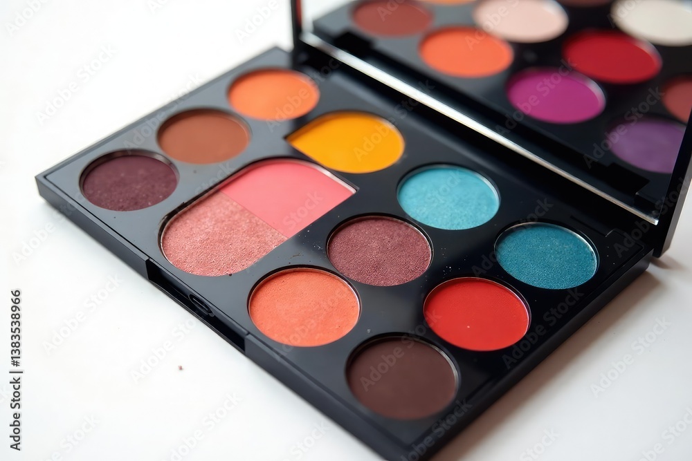 Set of various eyeshadow palettes, vibrant colors, pure white setting, make-up, texture Set of various eyeshadow palettes, vibrant colors, pure white setting, make-up, texture