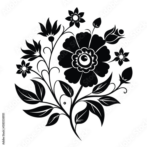 Monochrome Floral Artwork Highlighting Detailed Flower and Leaf Arrangement