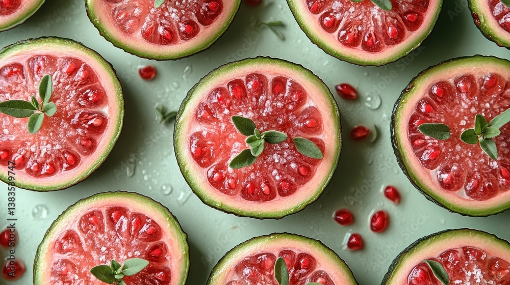 Fresh grapefruit slices with pomegranate seeds and herbs on a mint green surface Fresh grapefruit slices with pomegranate seeds and herbs on a mint green surface
