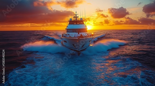 Luxury Yacht Sailing On Open Sea At Sunset,Beautiful Sky And Water