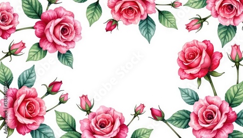 Intricate watercolor rose pattern, blooming buds & leaves , watercolor, leaves