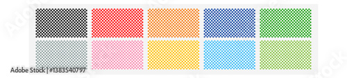 Set Collage Chessboard with very small squares background. Light dark color black, red, orange, blue, green checkered colors. Repeating texture, illustration, repeating checkered background vector