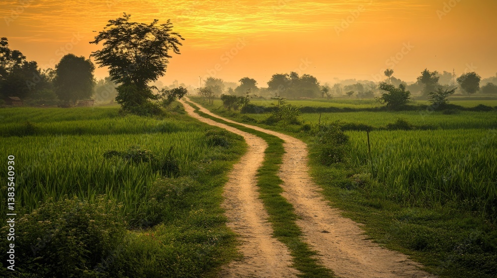 Obraz premium Path between lush green farms in Punjab, bathed in the golden light of an early sunrise generative ai